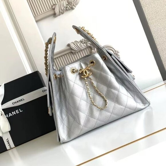 CHANEL Chanel Double C Logo Hobo Bag Handbag Shoulder Bag Silver - Picture 1 of 9